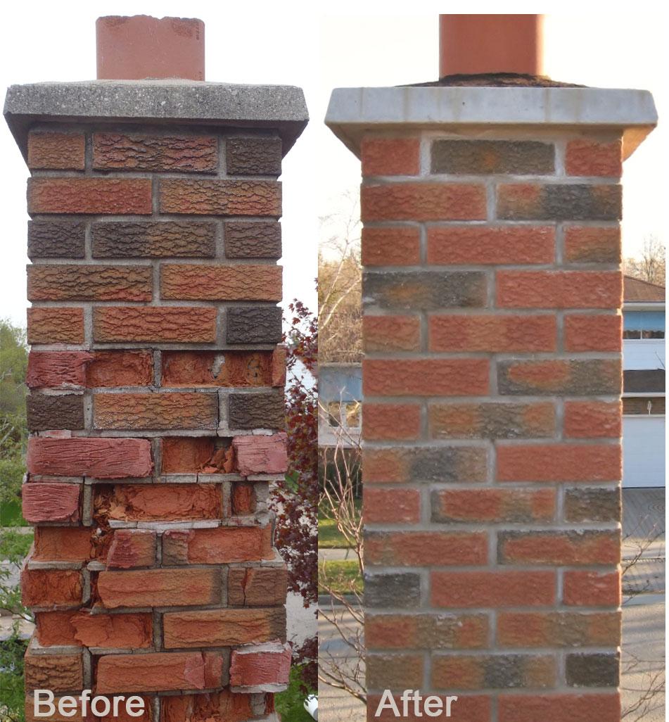 The Roofing Service Chimney Repairs Side-by-side comparison of a brick chimney: the Before image shows damaged, crumbling bricks and mortar, while the After image shows a neatly rebuilt chimney with smooth, intact bricks and even mortar.